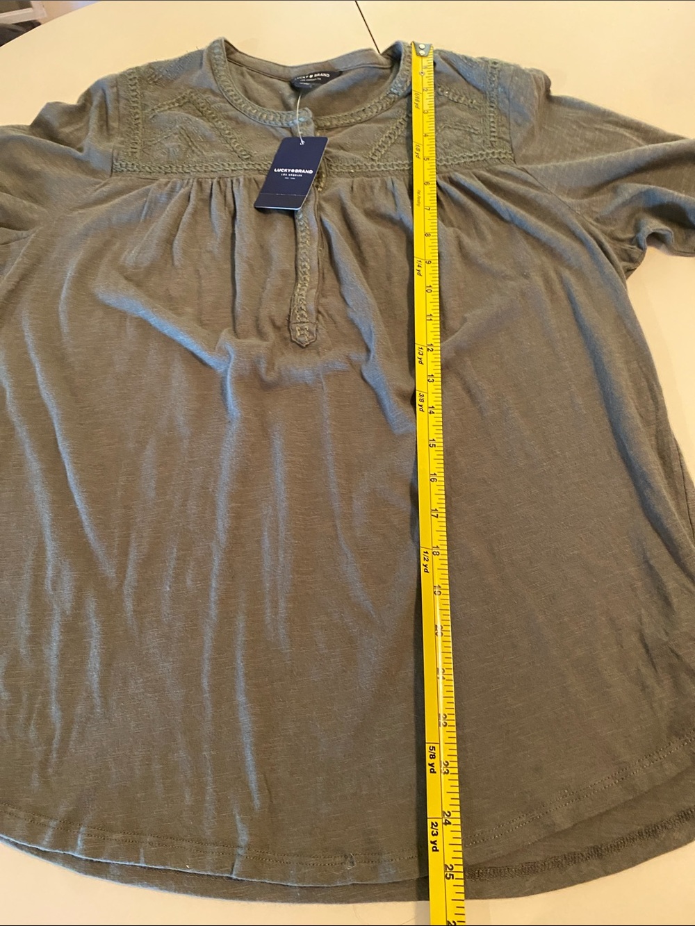 Lucky Brand Olive Embroidered Yoke 3/4 Sleeve Tunic Large NWT Collegiate Office - Picture 8 of 11